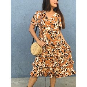 NWT Vintage Retro Style Brown Dress Midi Dress Floral Tie Back Fits Size SML